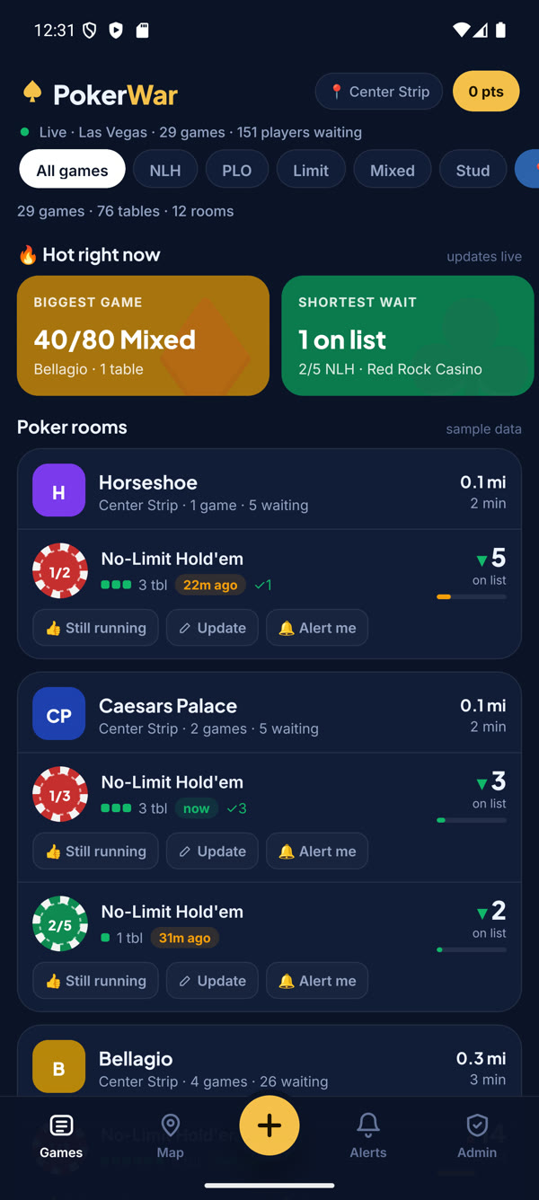 Live games list